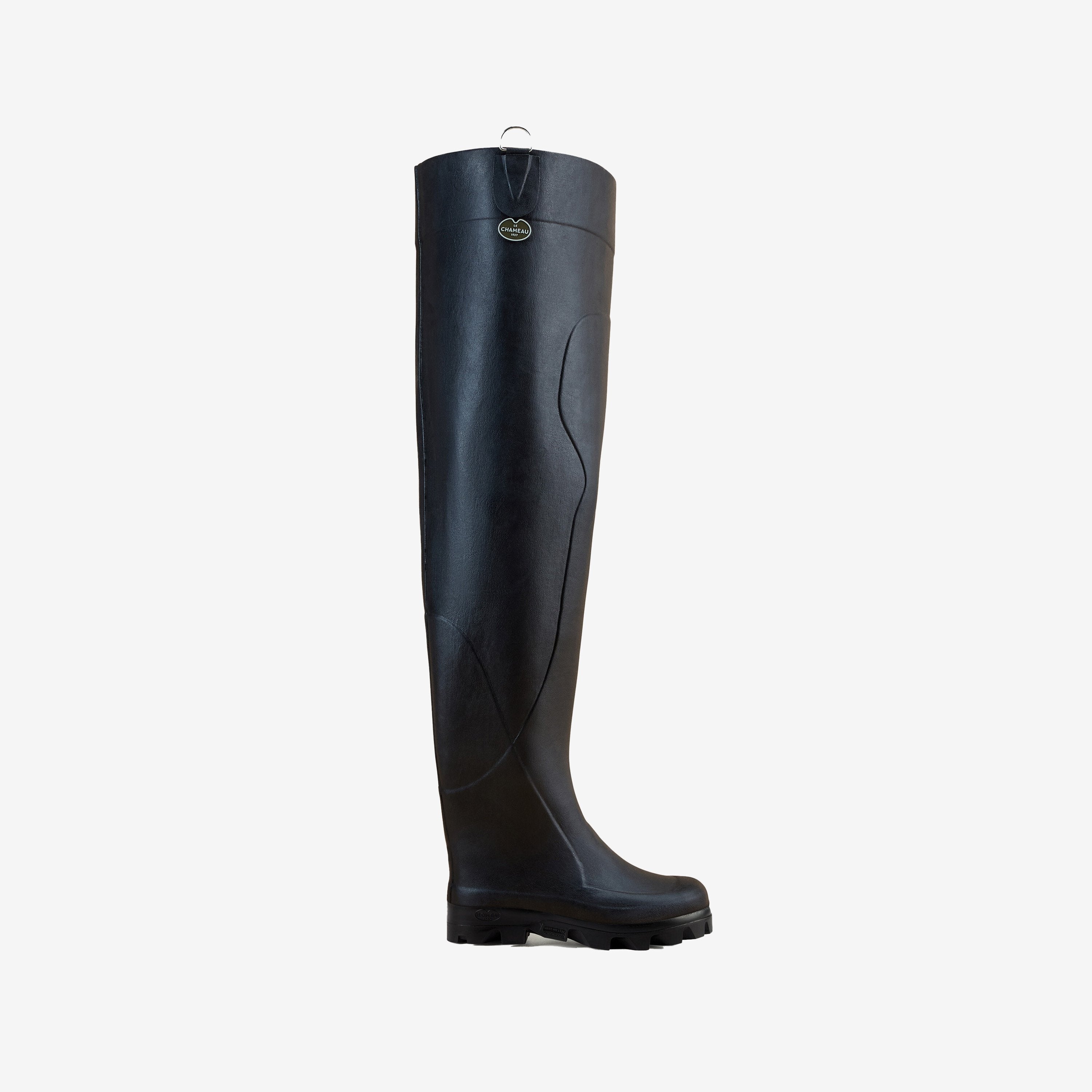 Product photo of a single Men's Océane Ponti Lined Thigh Boot in Black, displayed in profile view against a white background. The boot is tall, reaching thigh height, and features a hanging loop at the top with a silver Le Chameau logo badge.