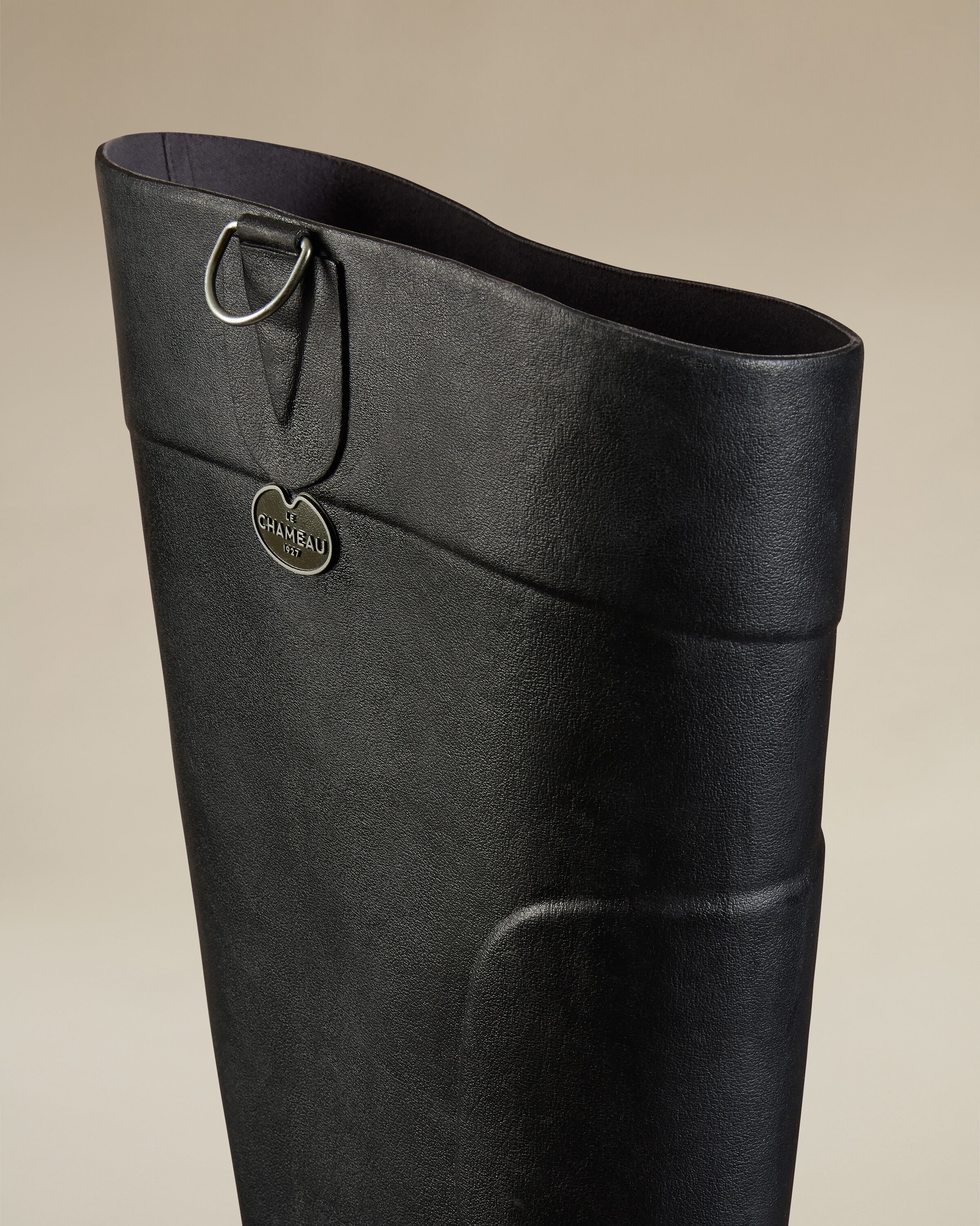 Angled front-right image of the tall Men's Océane Ponti Lined Thigh Boot in Black. The image emphasises the boot’s full-length shaft, matte texture, and rugged sole.