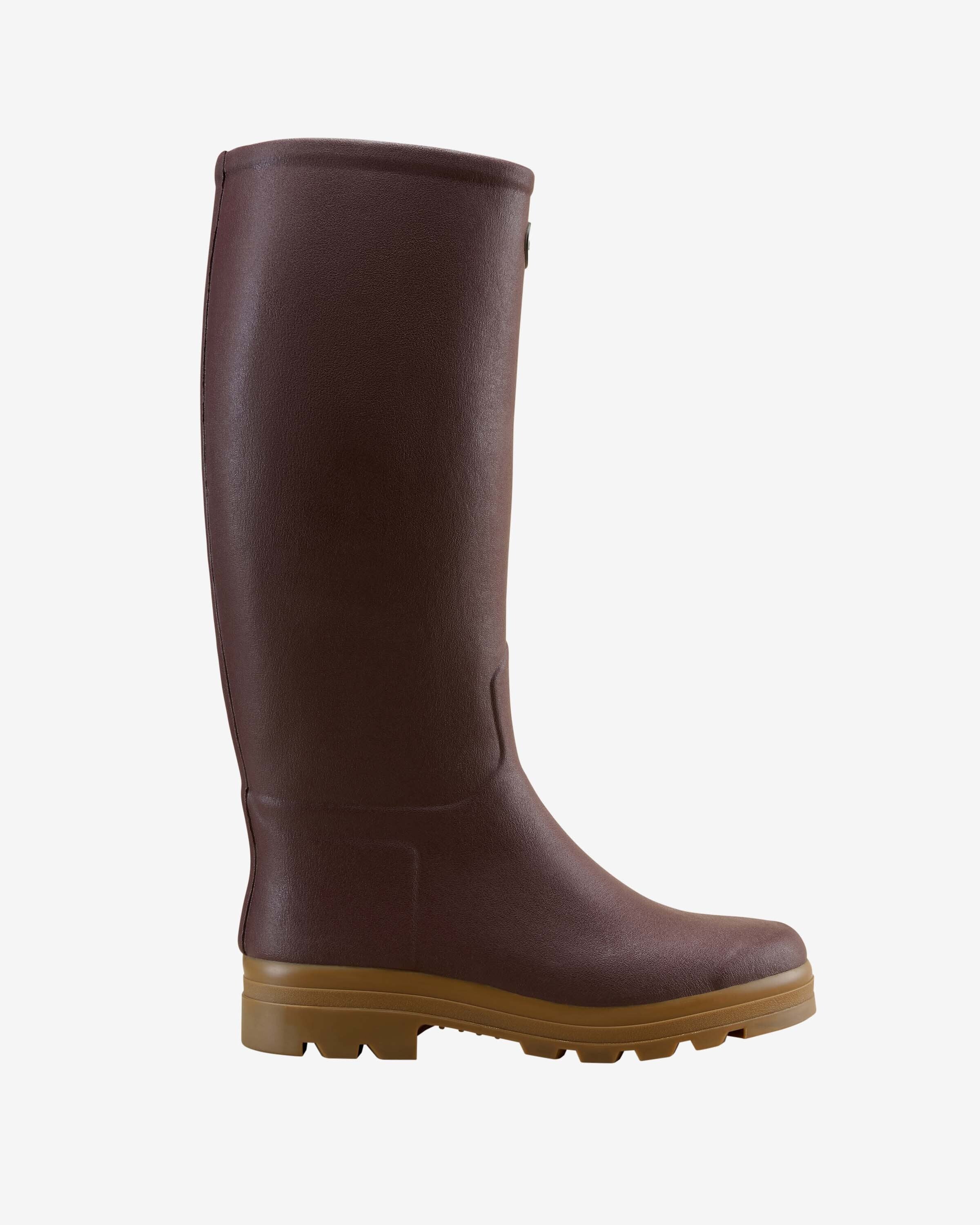 A side profile view of a single Men's Saint Hubert Leather Lined Wellington Boot in Brown, isolated on a white background. The boot features a smooth, matte finish with a rugged tan sole, highlighting the classic tall design.