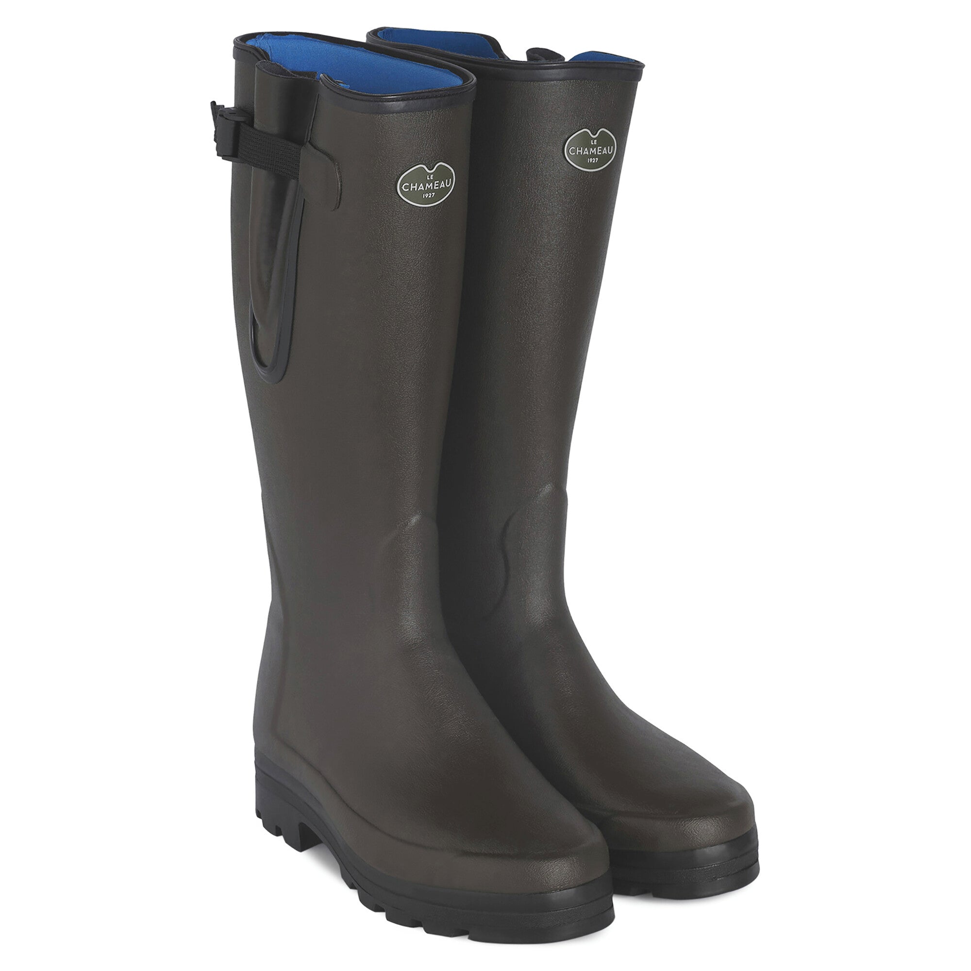A three-quarter front view of a pair of Men's Vierzonord Neoprene Lined Wellington Boot in Dark Brown, shown against a white background. The boots display the brand's silver oval logo near the top shaft, bright blue neoprene lining visible at the opening, and deeply treaded black soles. The adjustable side gussets and buckles are also prominently visible.
