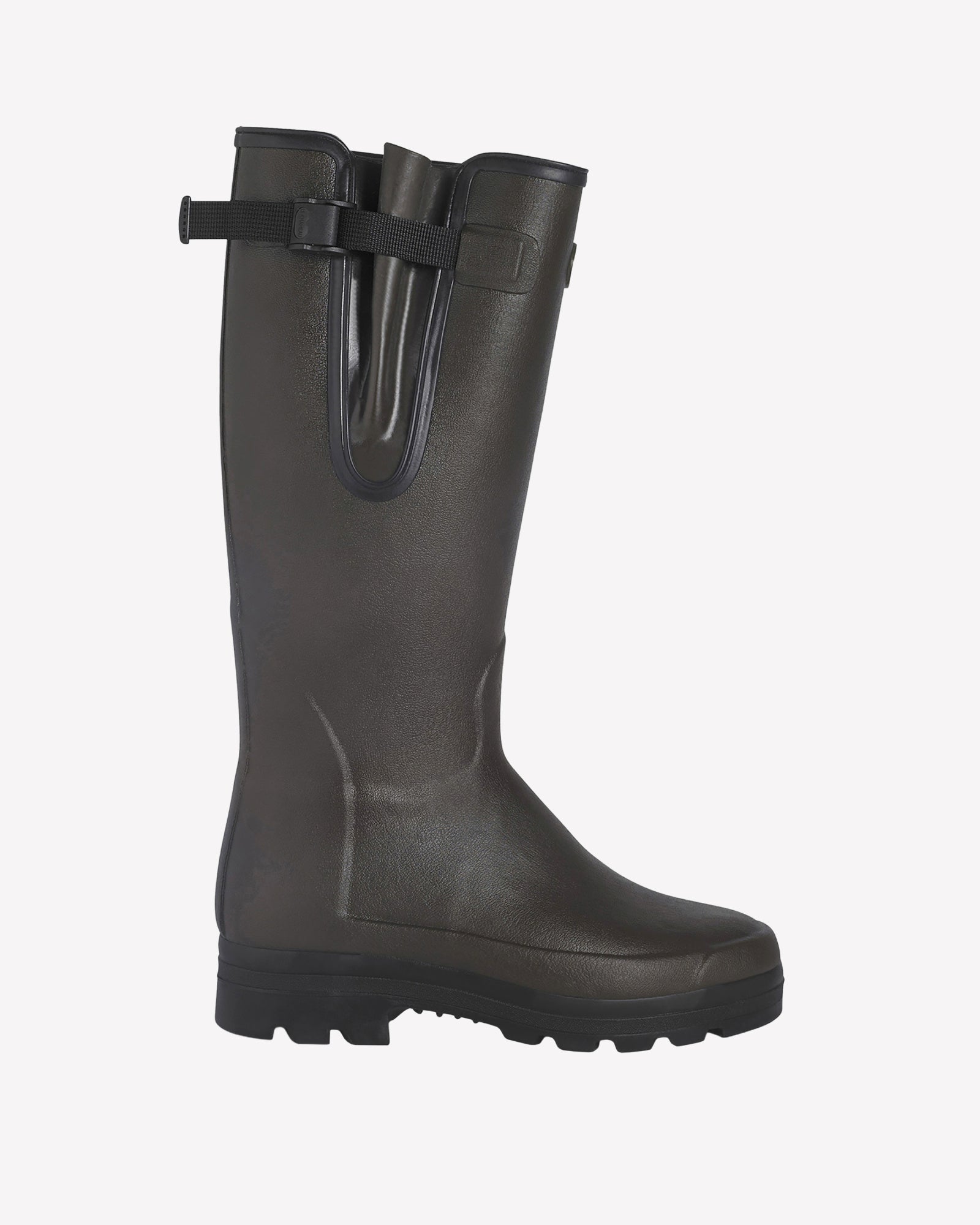 A full side profile of a single Men's Vierzonord Neoprene Lined Wellington Boot in Dark Brown, shown against a white background. The boot features a high shaft with a textured matte finish, an adjustable gusset with a black strap and buckle on the side, and a reinforced sole for enhanced traction.