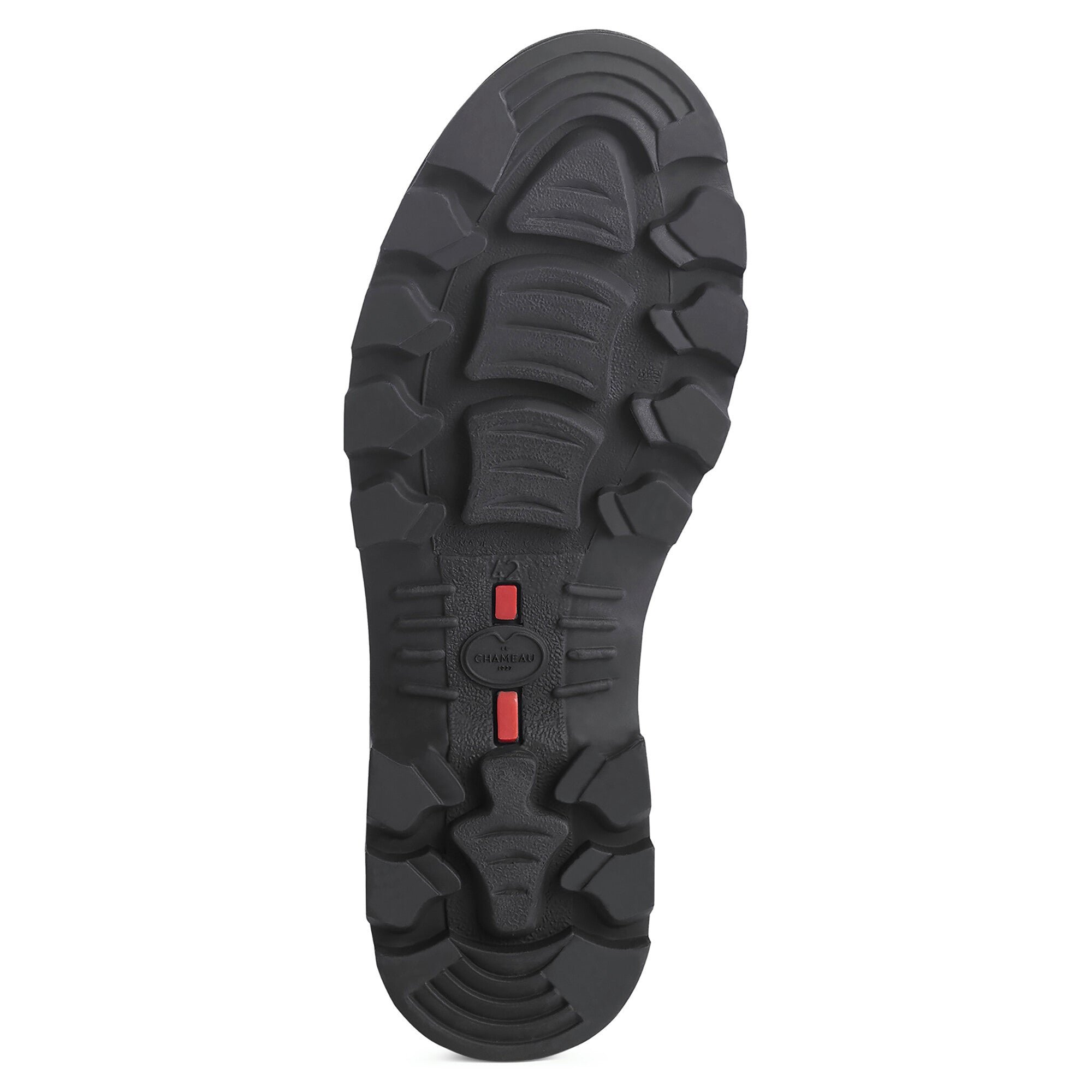 A direct view of the bottom of a Men's Vierzonord Neoprene Lined Wellington Boot in Dark Brown, showcasing the black rubber outsole. The sole has an aggressive tread pattern designed for grip and durability, with the Le Chameau logo and two red traction-enhancing inserts prominently featured near the center of the sole.