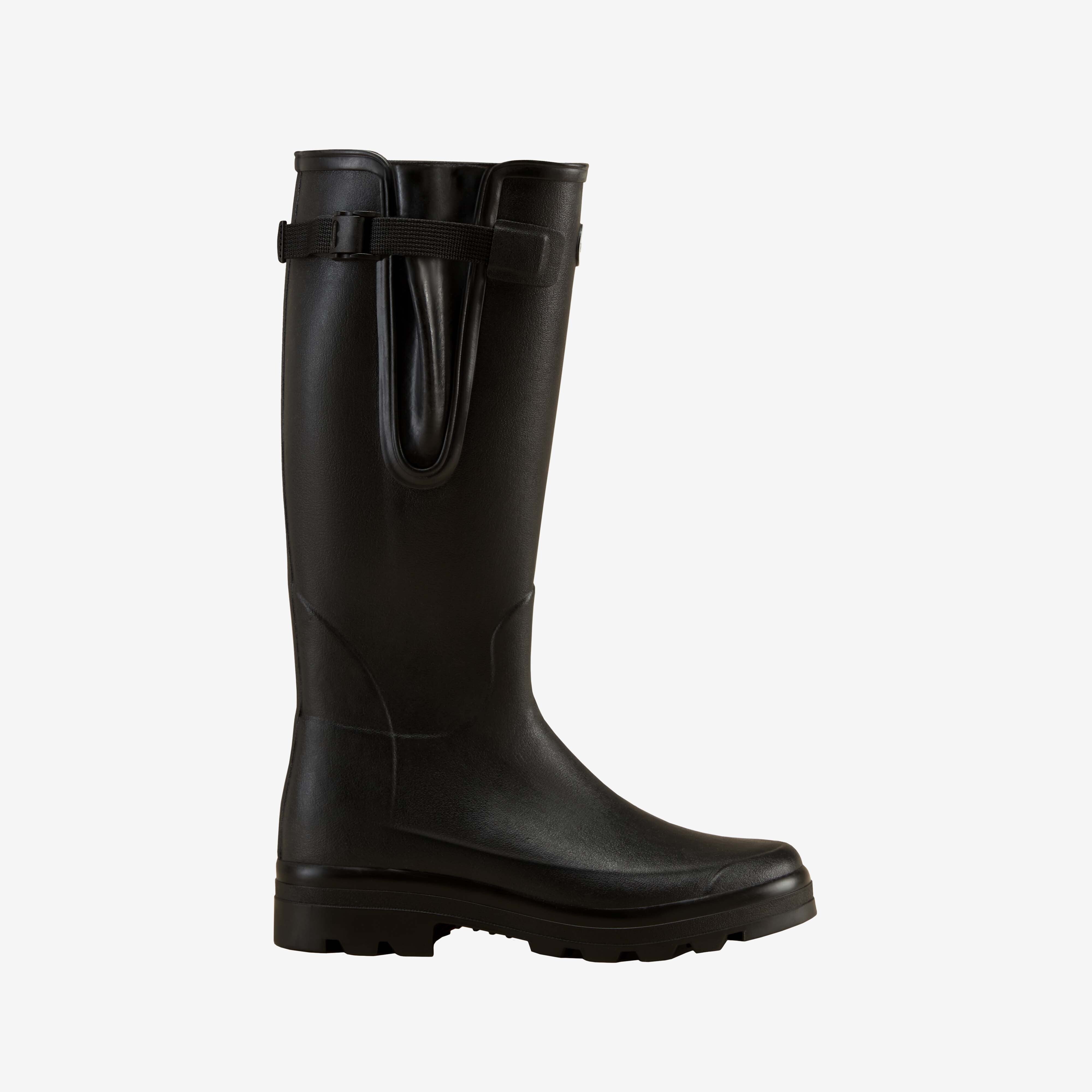 Side profile product image of a single Men's Vierzonord Neoprene Lined Wellington Boot in Black, shown against a plain white background. The boot features a matte black finish, an adjustable gusset strap with black buckle, and a thick treaded sole designed for traction.