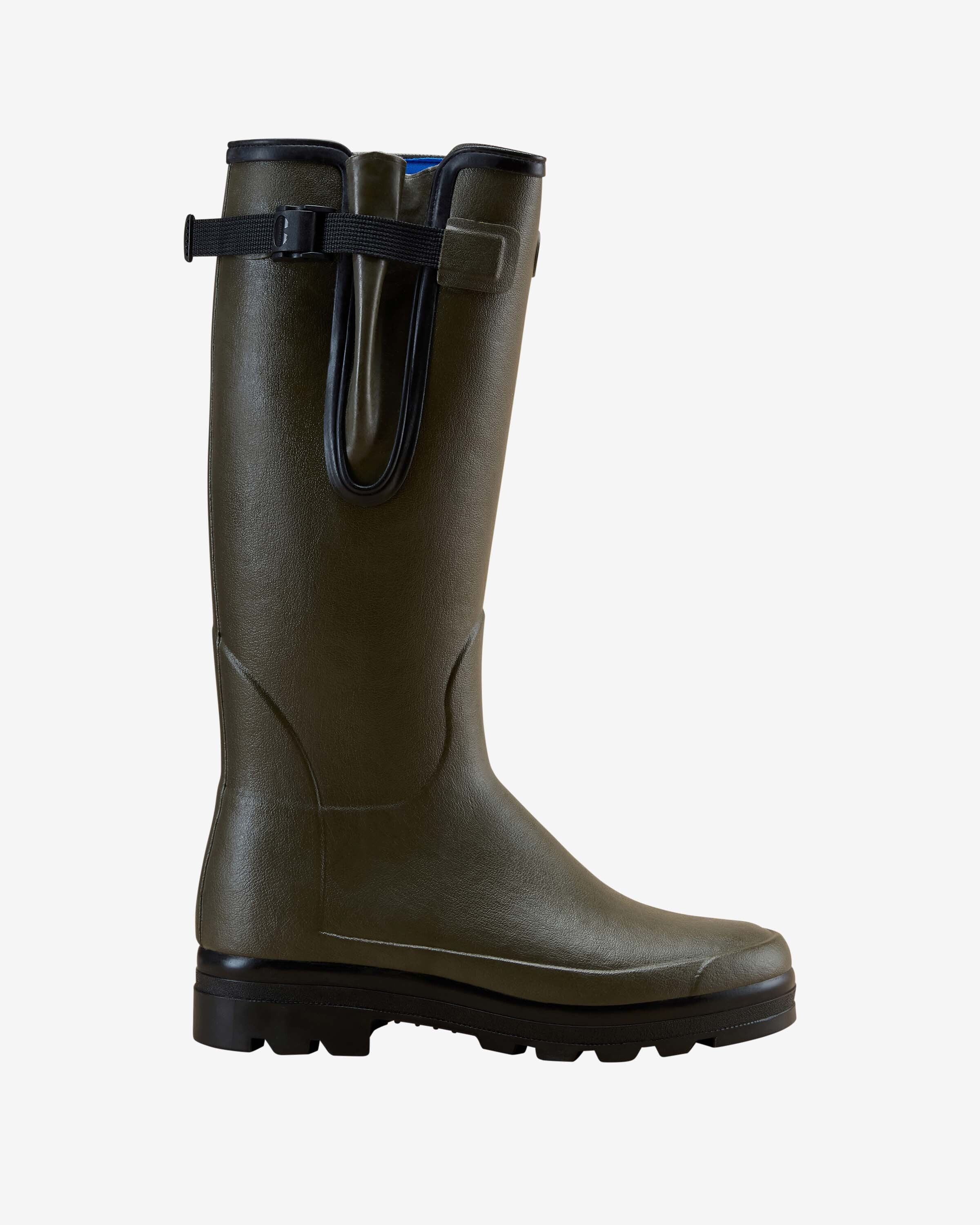 Side profile view of a single Men's Vierzonord Neoprene Lined Wellington Boot in Chameau Green, displayed on a white background. The boot features a rugged tread sole, curved detailing along the upper, and an adjustable waterproof gusset secured by a black buckle strap.