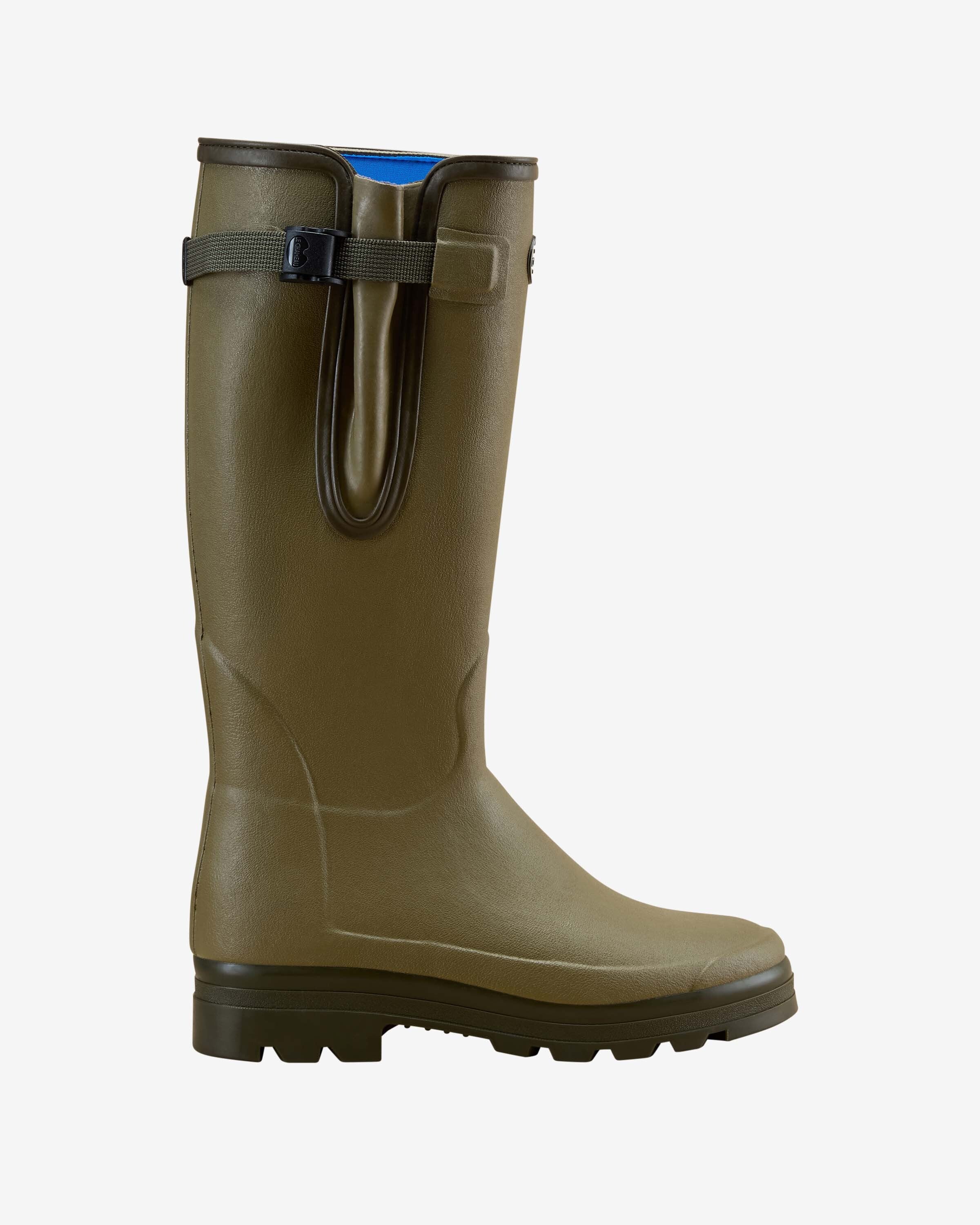 Side profile of a single Men's Vierzonord Neoprene Lined Wellington Boot in Iconic Green, displayed on a white background. The boot features a gusset with adjustable strap at the top, blue neoprene lining visible at the opening, and textured rubber exterior with contoured seams for ergonomic support.