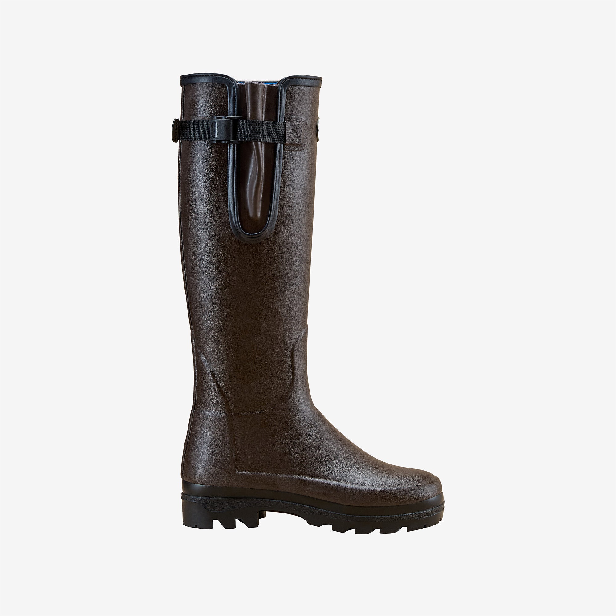 A studio product image of a single Women's Vierzonord Neoprene Lined Wellington Boot in Dark Brown, displayed in profile against a clean white background. The tall, waterproof boot features a textured natural rubber exterior, an adjustable waterproof gusset with a black nylon strap and buckle closure near the top shaft for a tailored fit around the calf, and a rugged outsole with deep lugs for enhanced traction in wet, muddy conditions.