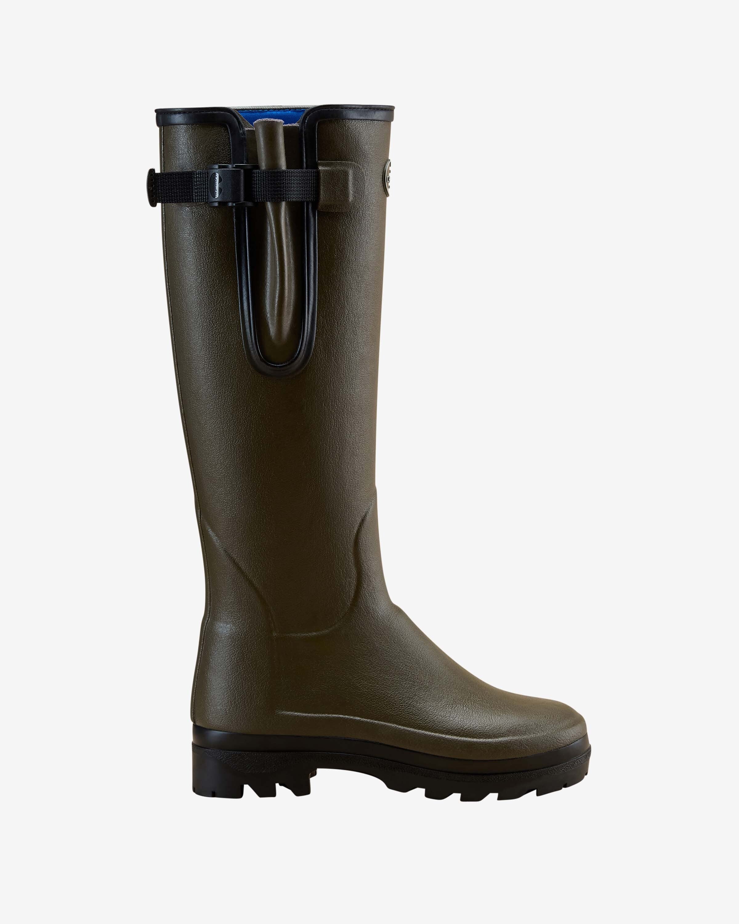 Side profile of a single Women's Vierzonord Neoprene Lined Wellington Boot in Chameau Green, displayed against a white background. The boot features a black sole and trim with a black adjustable gusset strap at the top, and a peek of bright blue neoprene lining is visible inside.