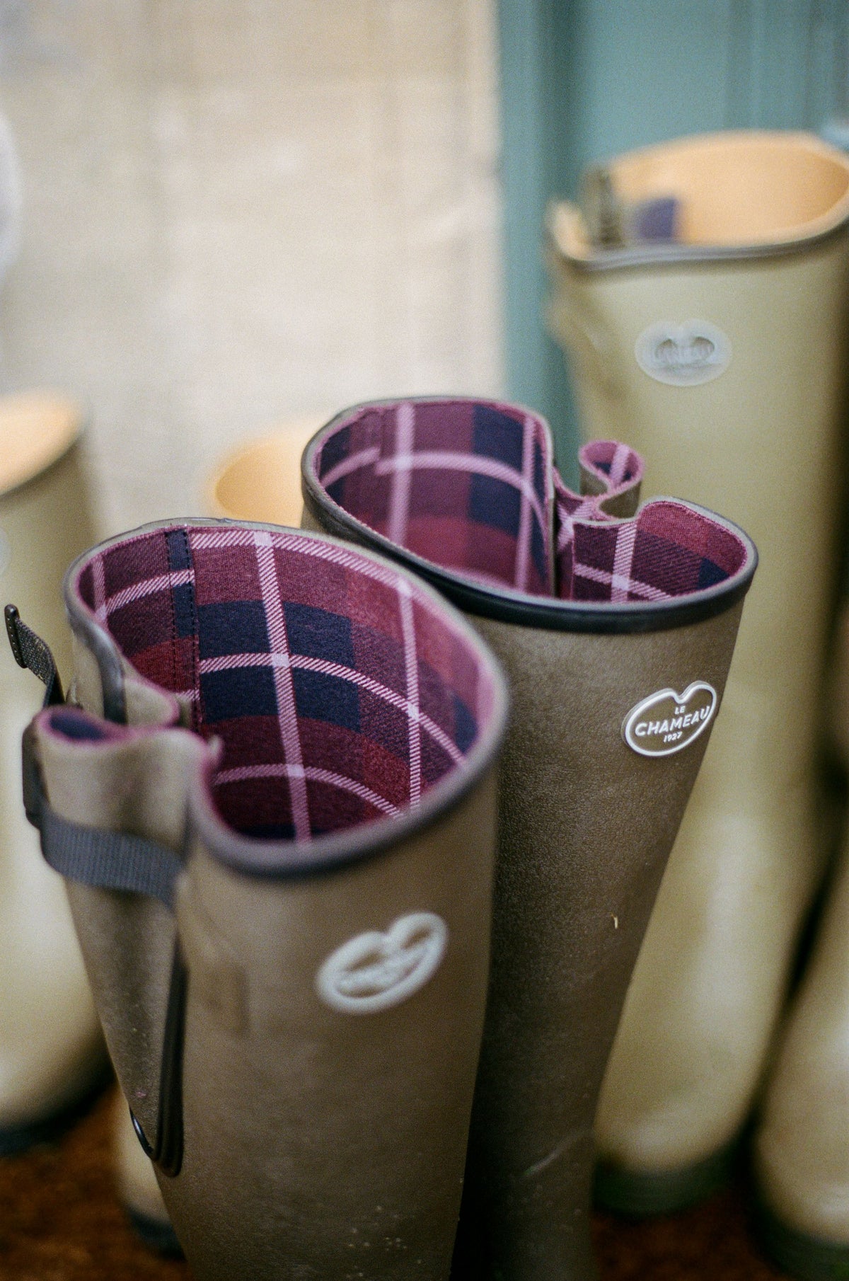 Men's Vierzon Jersey Lined Wellington Boot - Chameau Green / Claret Tartan