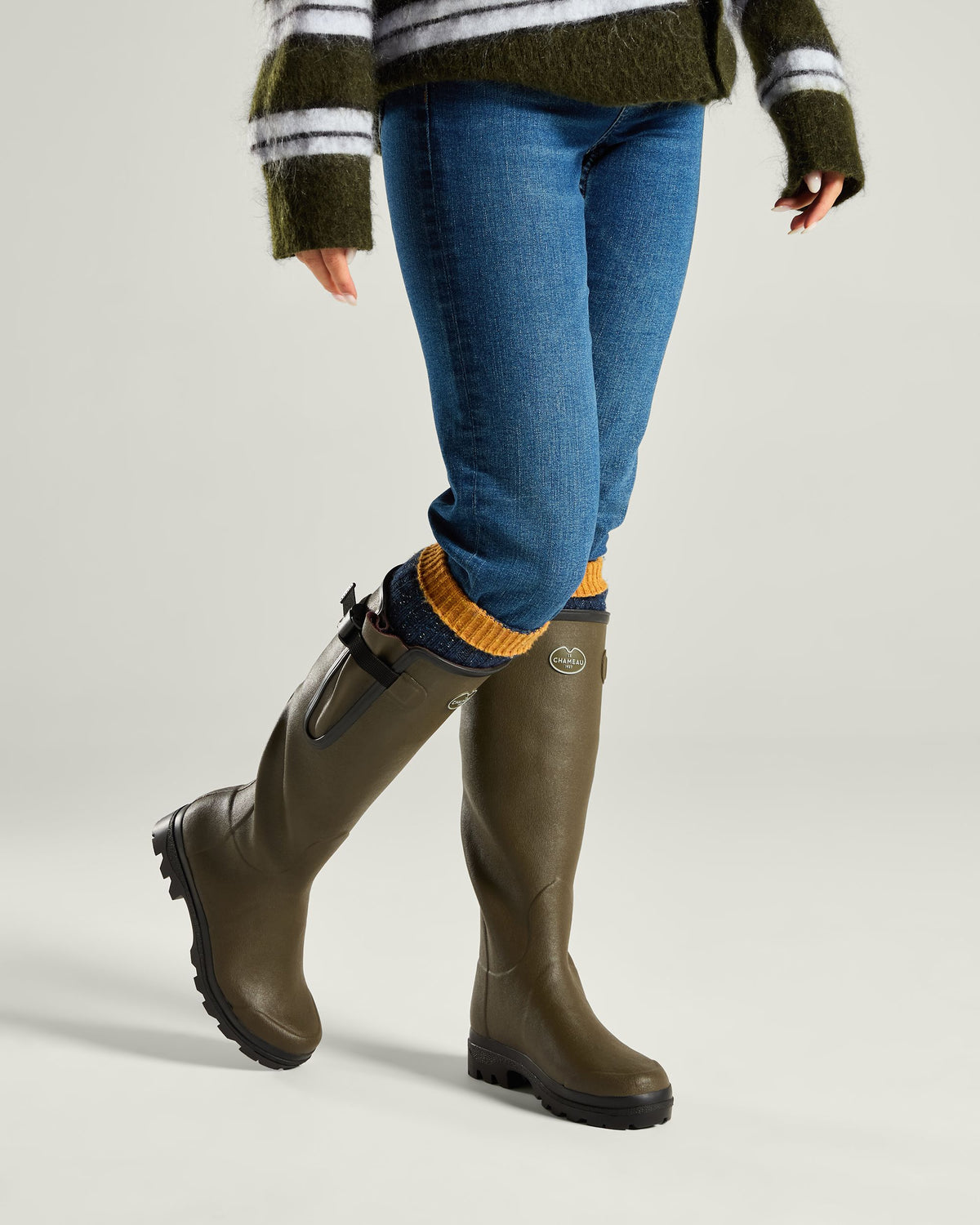 Women's Vierzon Jersey Lined Wellington Boot - Chameau Green / Claret Tartan