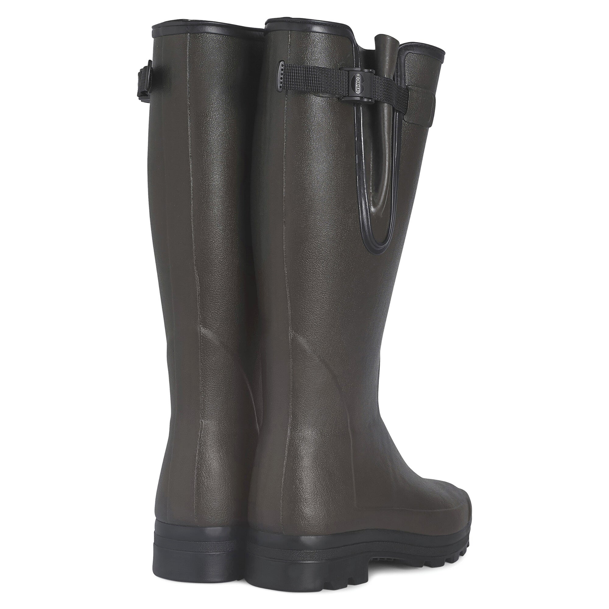 A rear three-quarter view of a pair of Men's Vierzonord Neoprene Lined Wellington Boot in Dark Brown. The image highlights the contoured calf design, black outsole with thick lugs, and the adjustable strap and gusset detail wrapping around the back of the boots. Blue neoprene lining peeks out at the top.